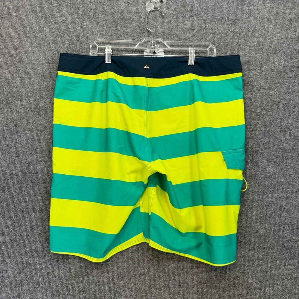 Quiksilver Board Shorts Men 38 Green Yellow Stripe Cargo Pocket Surf Swim Trunks